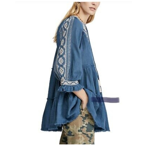 Free People Embroidered Tunic Top Sz XS Color teal - Picture 2 of 8